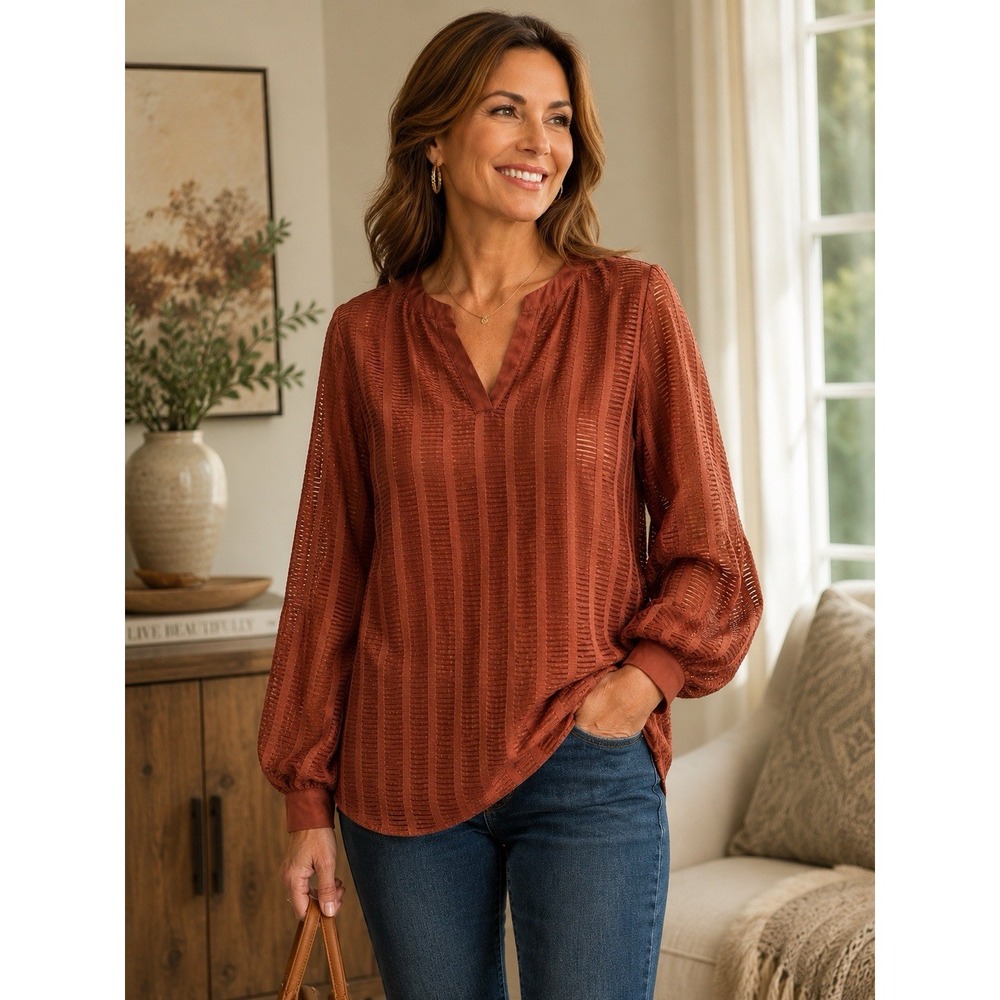 Chicos Size‎ 2 Cinnamon Copper Burnout Textured Blouse